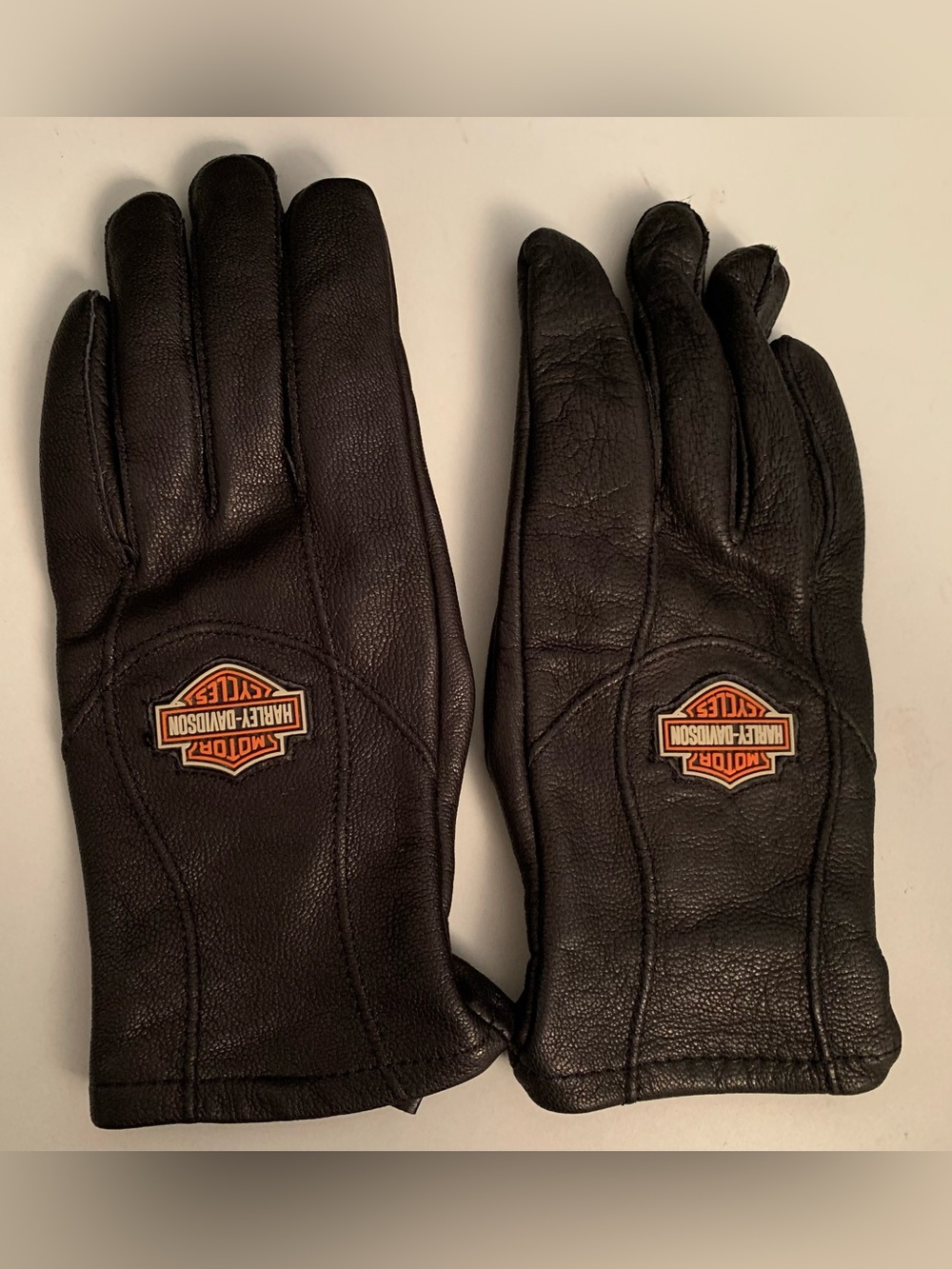 Harley-Davidson Black Leather Gloves with Orange Logo Accents